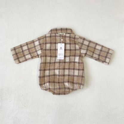 長袖ロンパース チェック シャツ襟 ボディスーツ【mh0011633】