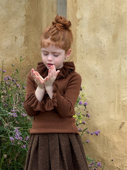 ニットトップス ラッフル襟 フリル袖 ハイネック シンプル 長袖【mh0011627】