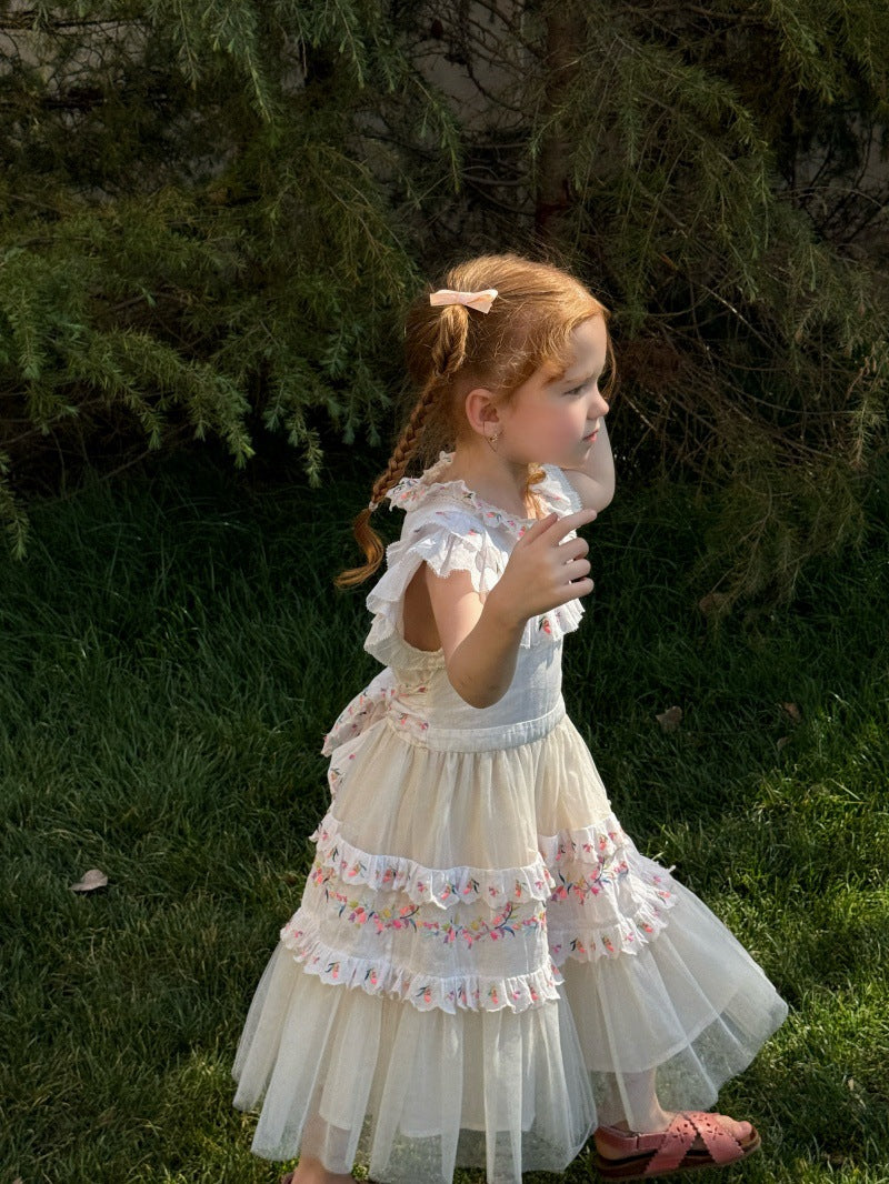 Vintage Patchwork Mesh Dress フラワー刺繍 フリルスリーブワンピース【mh0013264】
