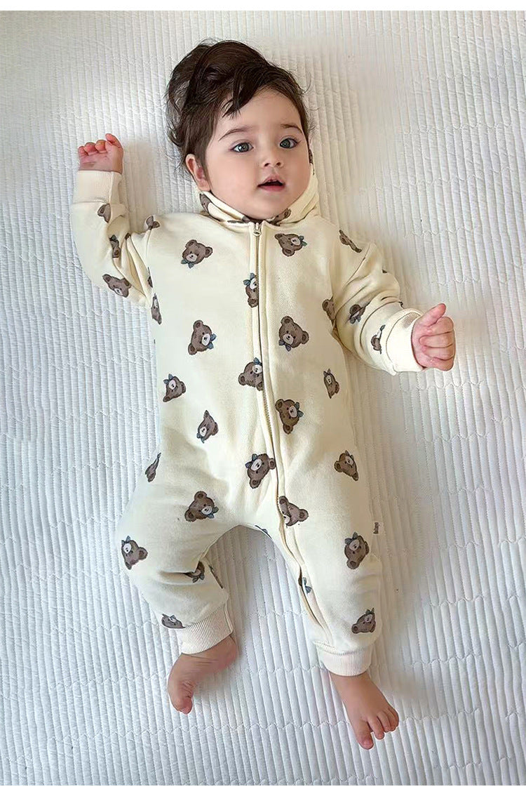 長袖ジャンプスーツ フーディジップアップ クマ柄 裏起毛【mh0011714】