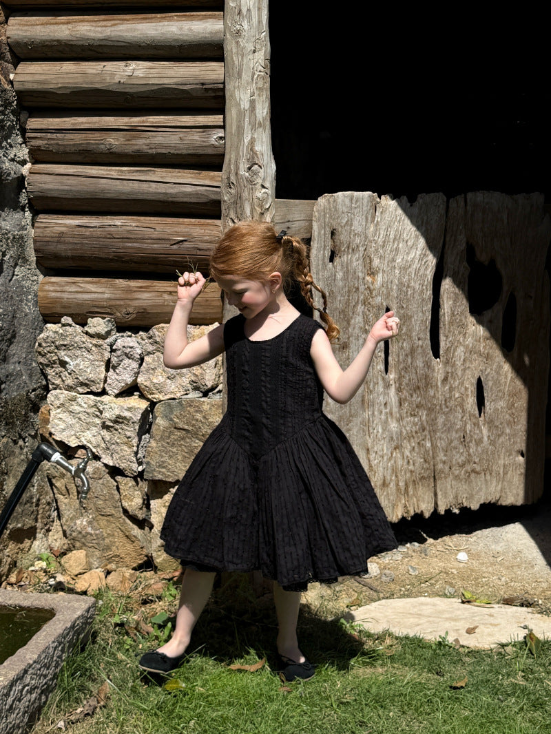 Textured Mesh Puffy Skirt ブラック ノースリーブワンピース【mh0012796】