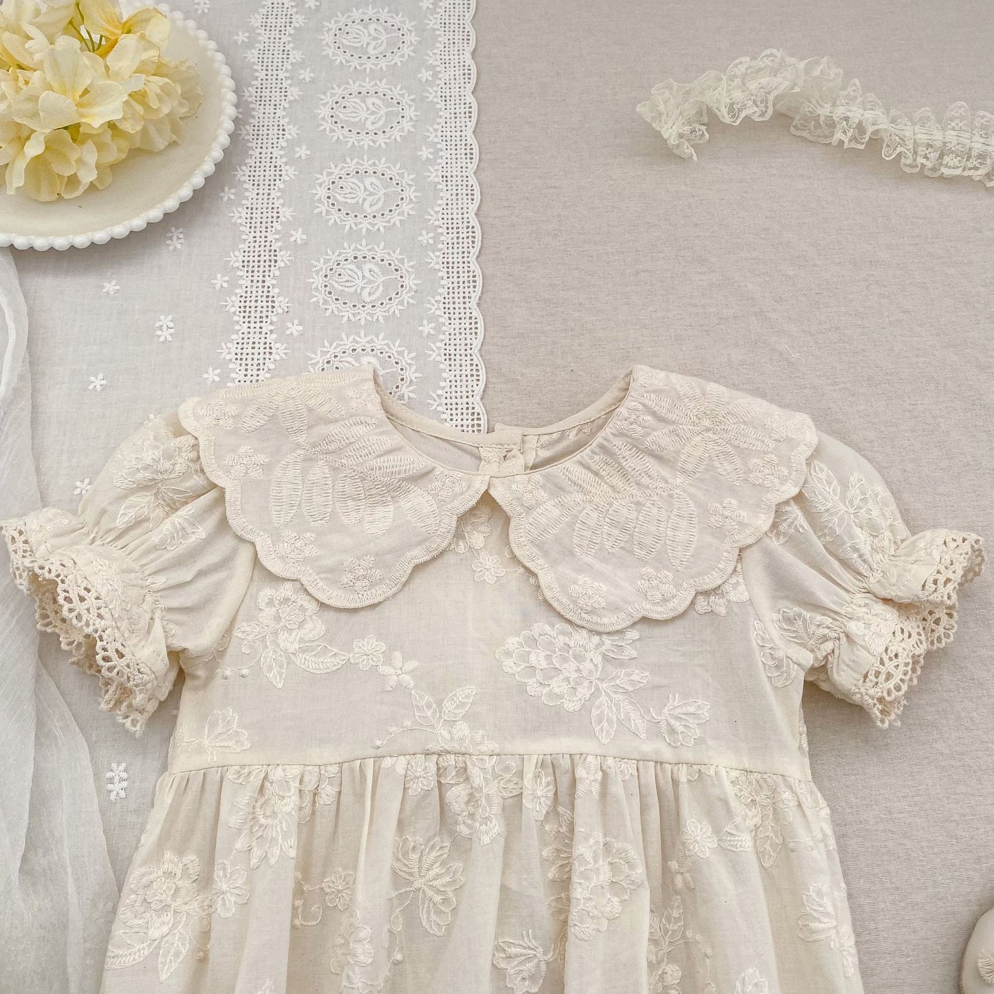 Embroidered Puff Sleeve Romper And Dress 刺繍 パフスリーブ ロンパース ワンピース【mh0013166】