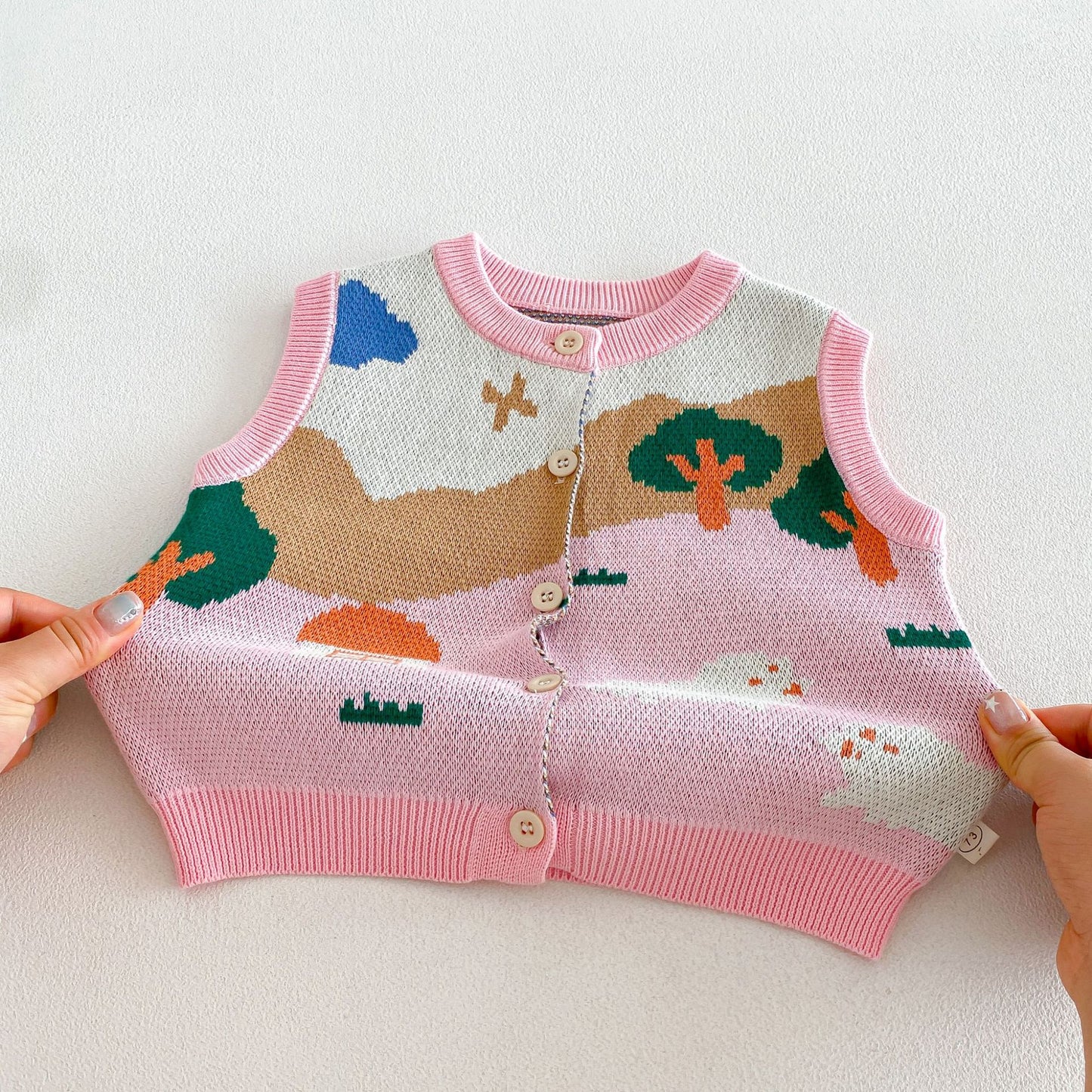 Chaleco de punto jacquard para niños, camisa de manga larga con volantes, pantalones vaqueros【mh0014038】