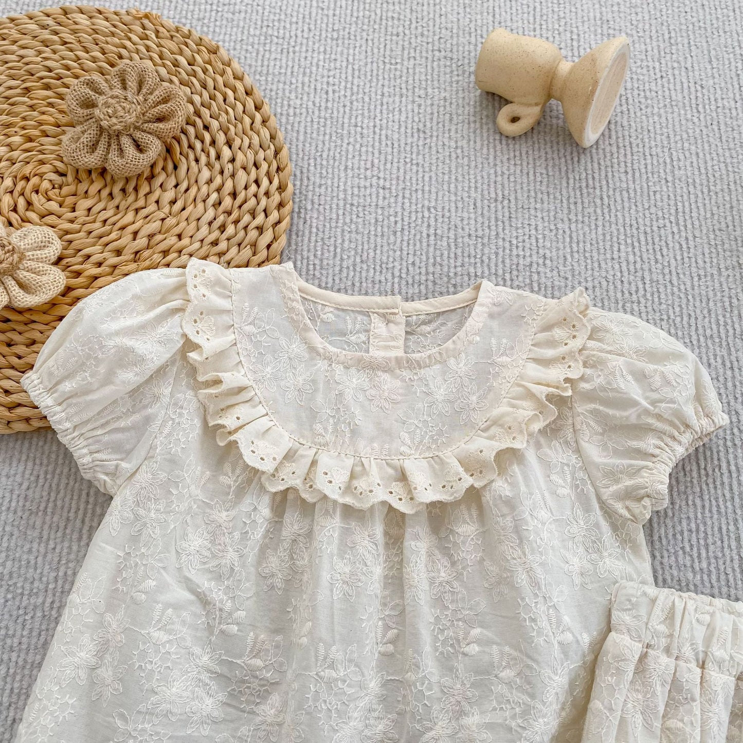 Embroidered Ruffle Romper And Blouse Shorts フリル ロンパース ブラウス ショートパンツ【mh0013163】