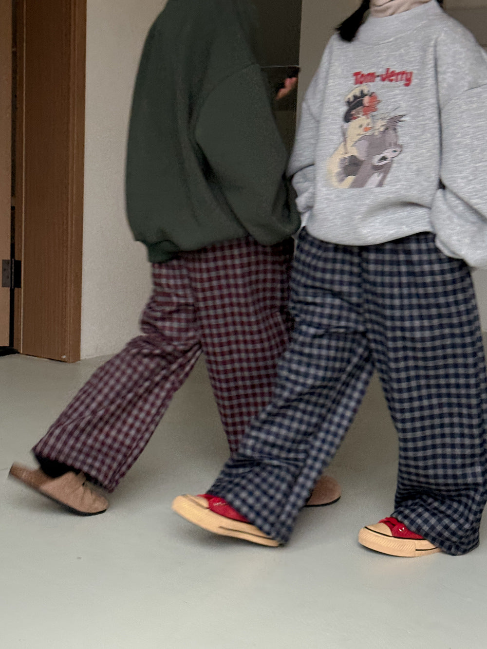 チェック柄パンツ キッズ 裏起毛 厚手 ゆったり ワイドストレート カジュアル【mh0011655】
