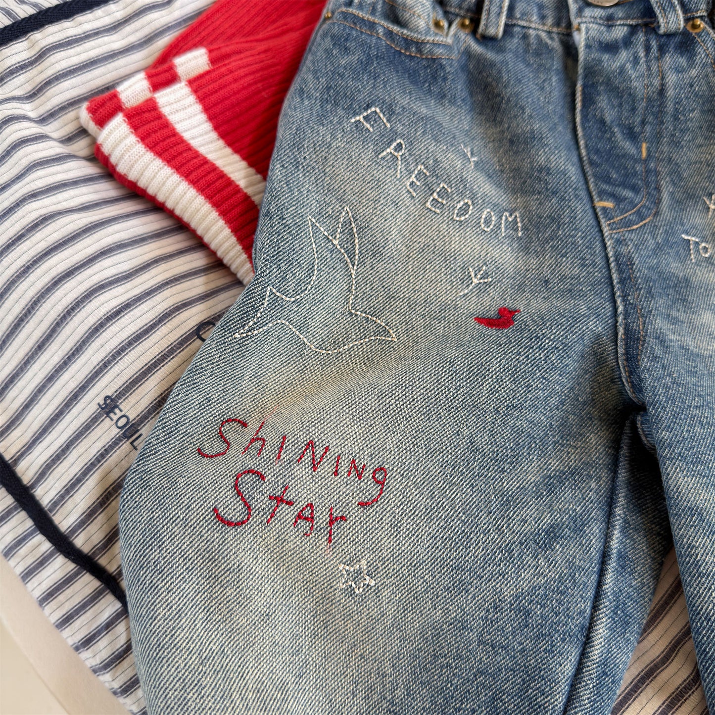Kids' Hand-Drawn Print Pocket Loose Denim Pants [mh0014063]