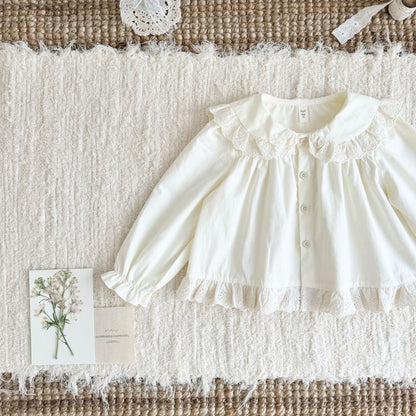 キッズ 刺繍 レース フリル 丸襟 長袖ブラウス【mh0014611】