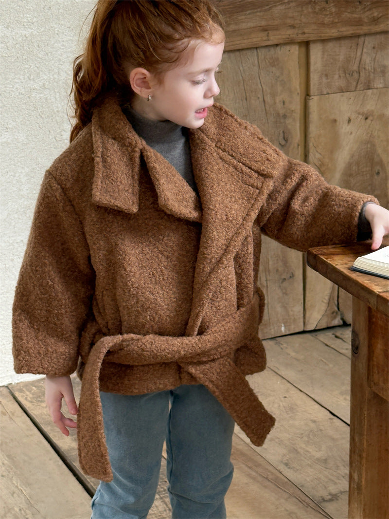 ローブコート ボア スタンドカラー ベルト付き ショート丈 アウター【mh0011617】