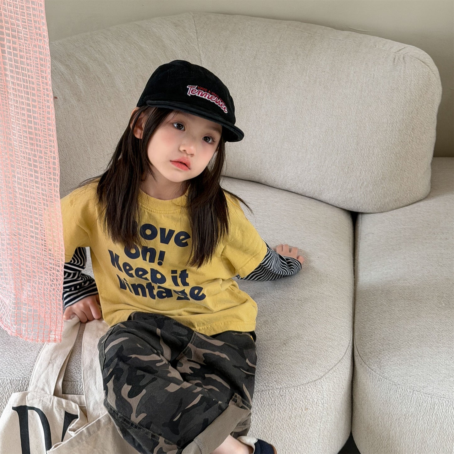 キッズ ボーダー レイヤード風 英字プリント ルーズ 長袖Tシャツ【mh0014068】