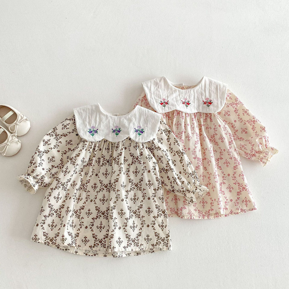 キッズ長袖ワンピース2着、フラワー刺繍ビッグカラー花柄（ピンク/コーヒー）