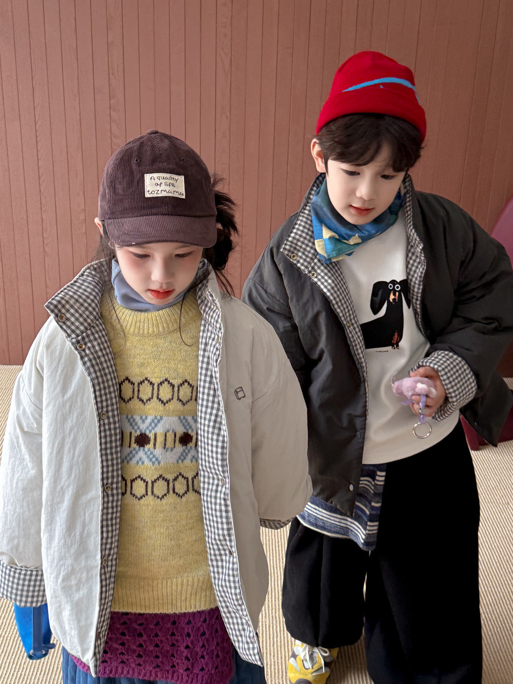 中綿ジャケット キッズ チェック柄 スタンドカラー 厚手 ショート丈 カジュアル アウター【mh0011667】