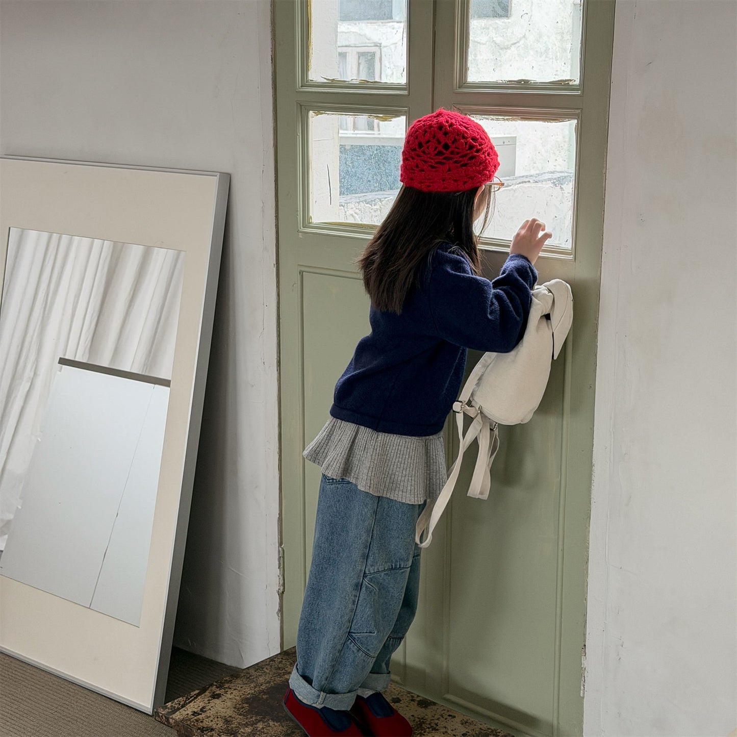 Kids' Polka Dot Collared Button-Up Long-Sleeve Knit Cardigan [mh0014056]