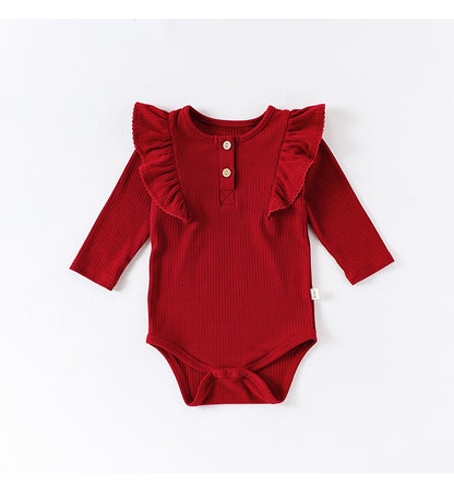 長袖ロンパース/パンツ ショルダーフリル 無地 ベーシック ボディスーツ【mh0011729】