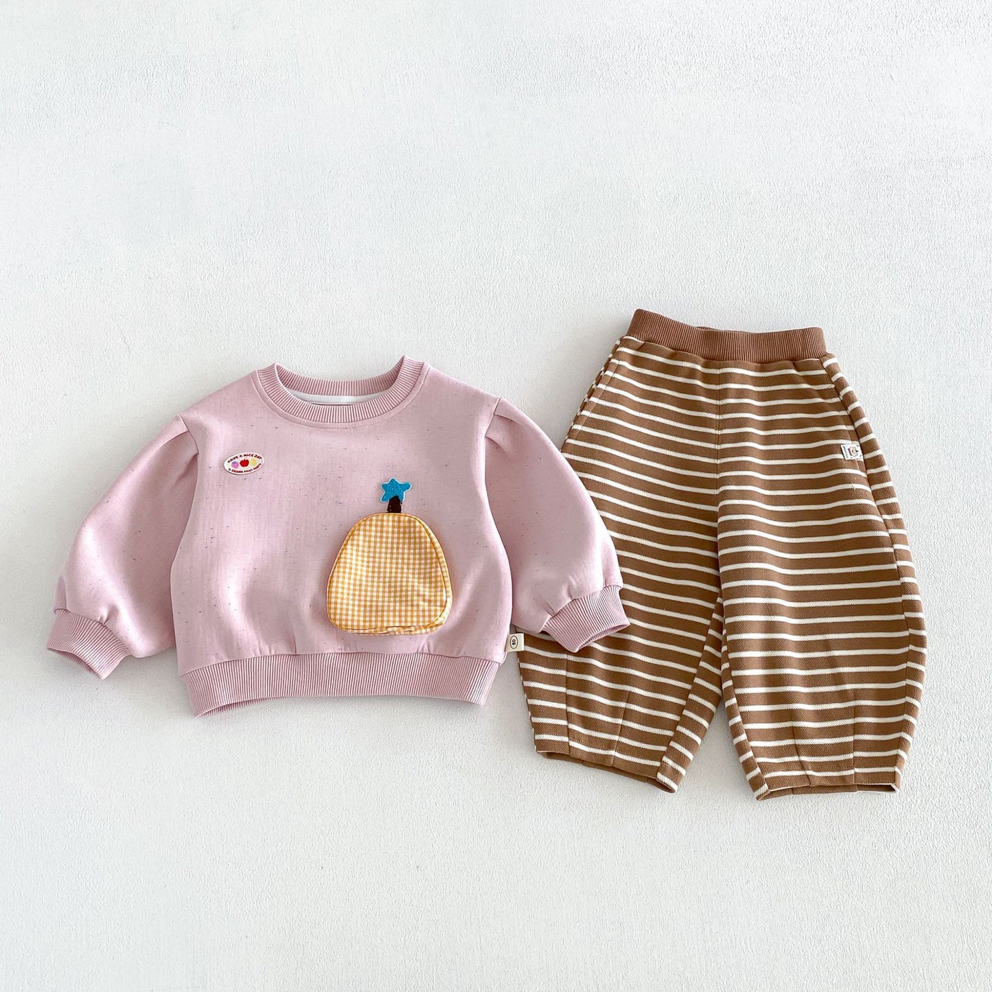 キッズ フルーツ ポケット パッチ 長袖スウェット ボーダー ロングパンツ【mh0014039】