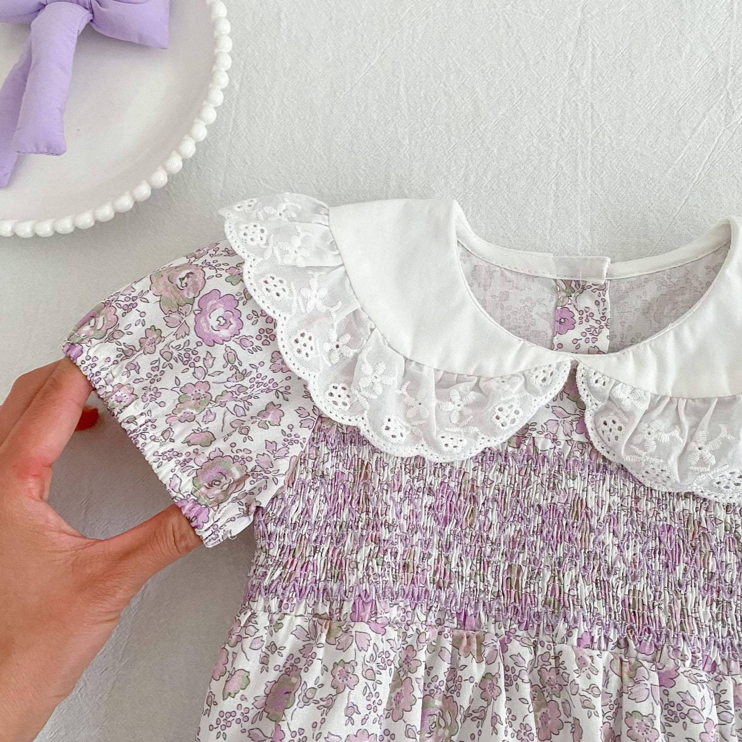 Floral Lace Collar Dress Romper Vestido con cuello de volantes y mangas cortas Mameluco de manga corta【mh0013156】