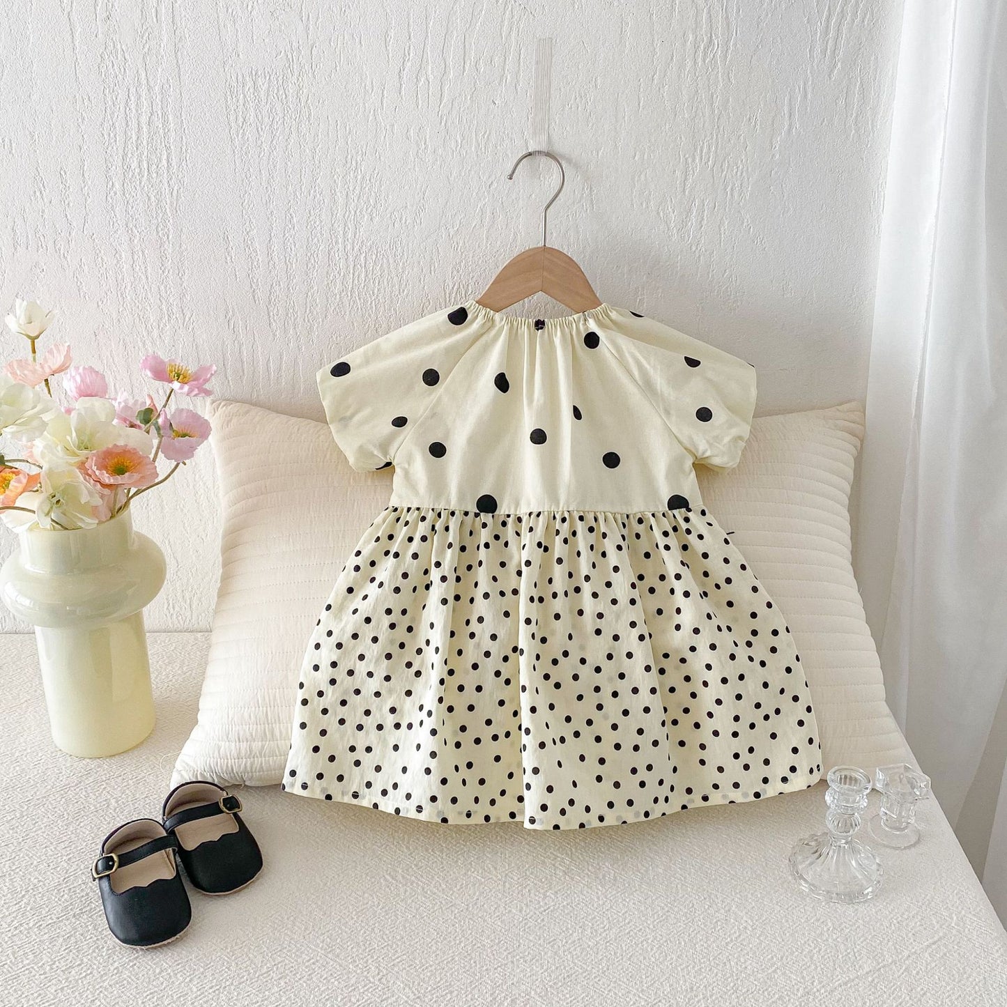 Polka Dot Puff Sleeve Ribbon Dress ドット柄 パフスリーブ ワンピース【mh0012726】