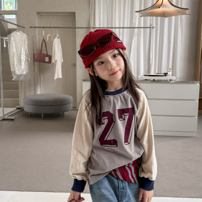 キッズ ナンバープリント 配色ラグランスリーブ 長袖Tシャツ【mh0014560】