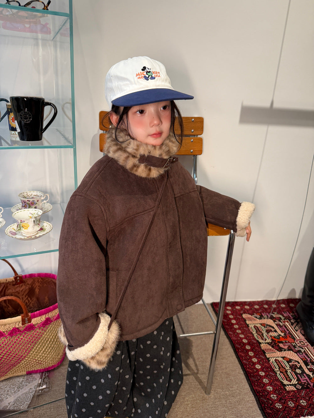 Chaqueta de antelina con cuello de pelo de leopardo y pantalones largos de lunares para niños y jóvenes 【mh0014693】