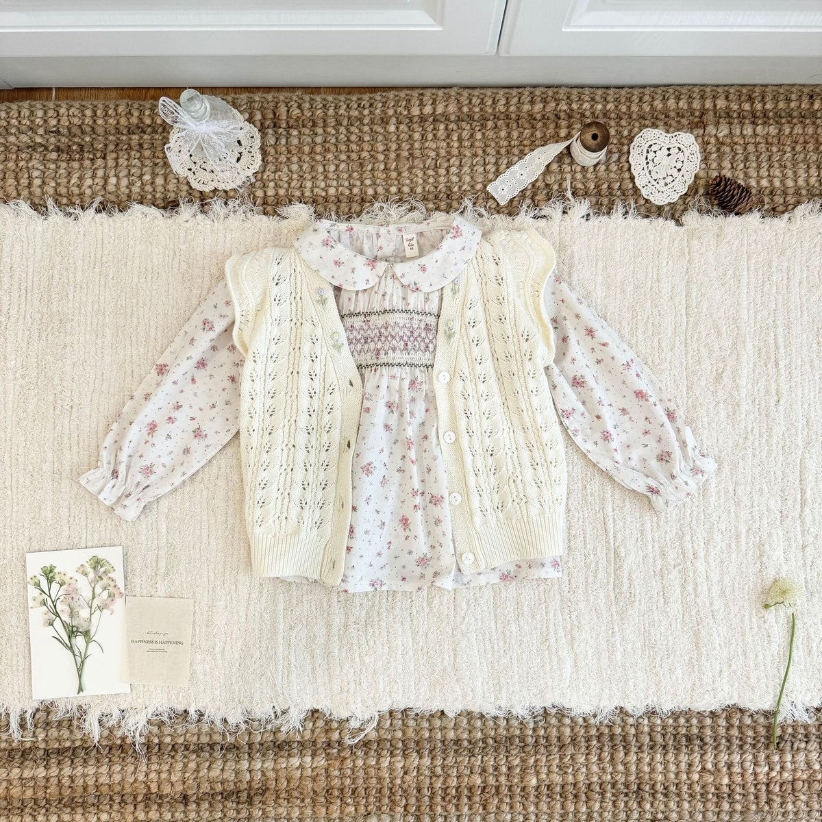 キッズ フラワー 透かし編み フリル 刺繍 ニット ベスト 長袖 ブラウス【mh0014609】