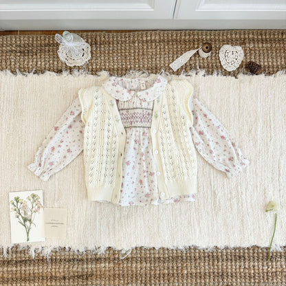 キッズ フラワー 透かし編み フリル 刺繍 ニット ベスト 長袖 ブラウス【mh0014609】