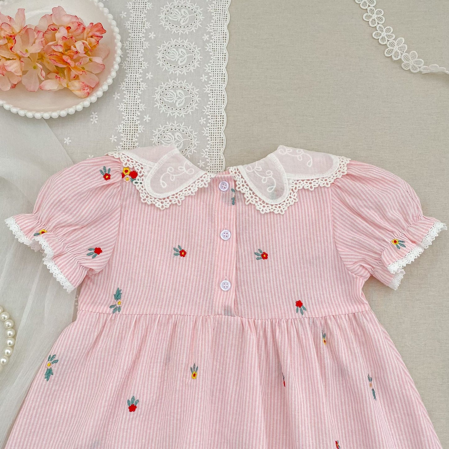 Stripe Embroidery Romper Dress Mono-vestido con bordados de rayas [mh0013168]