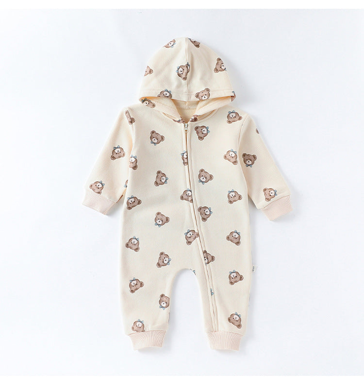 長袖ジップアップジャンプスーツ フーディロンパース ベアくまプリント【mh0011721】