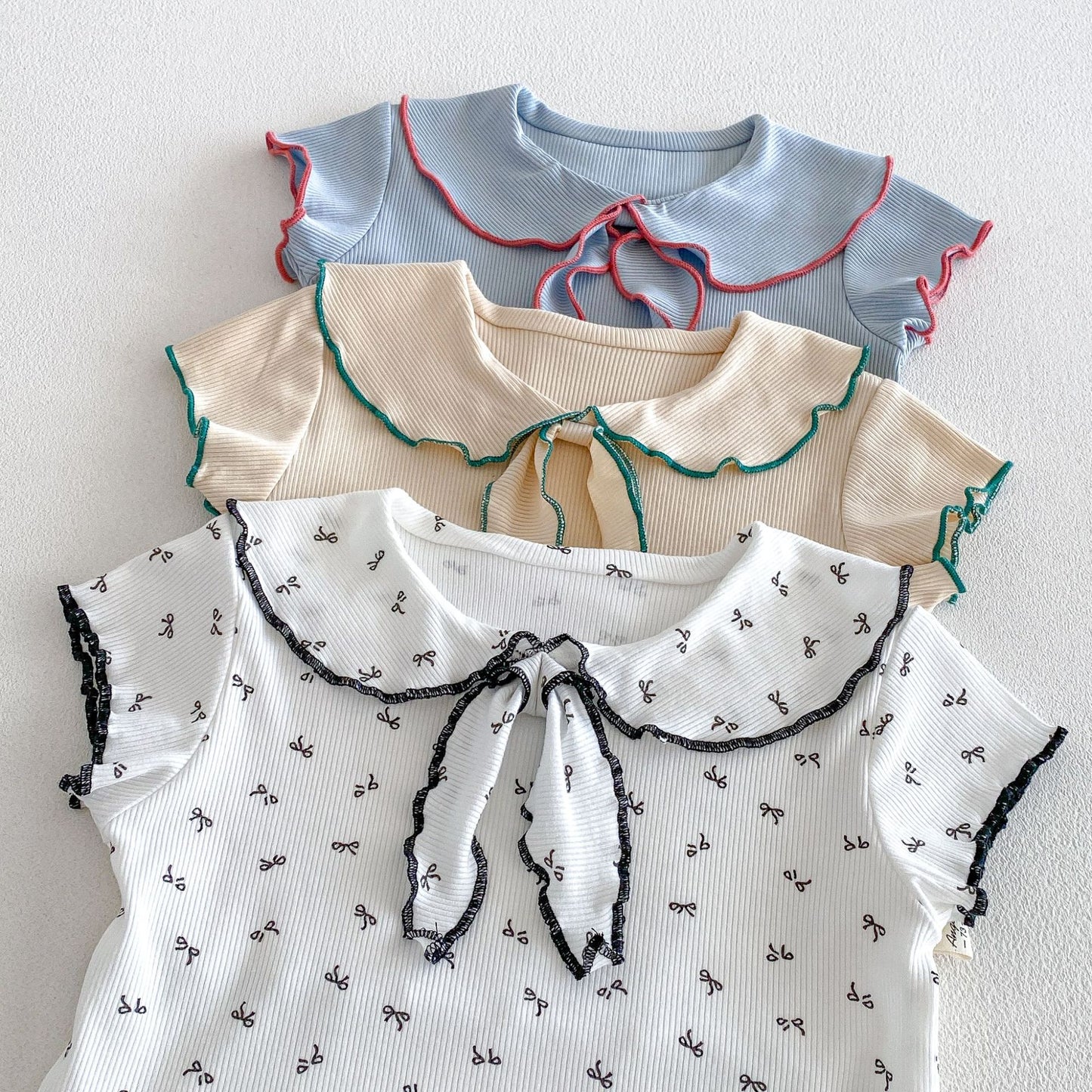Ribbon Scalloped Collar Set-up リボン柄 セーラー襟 半袖セットアップ【mh0012703】