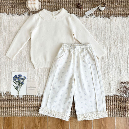 Jersey de punto para niños con cuello redondo, volantes, borde festoneado y calados [mh0014616]