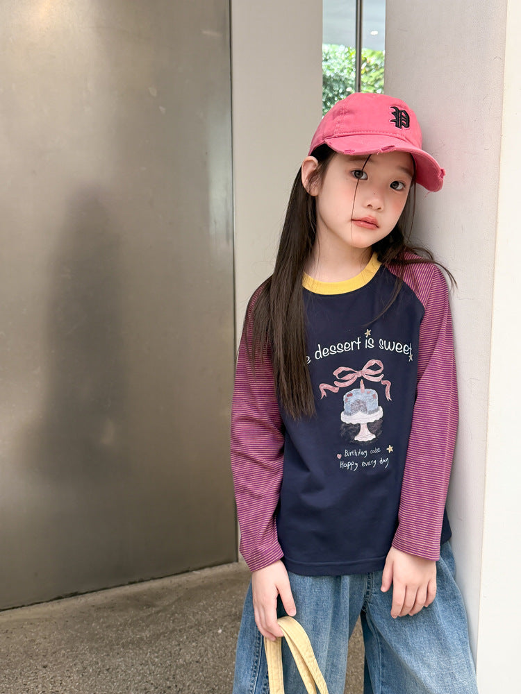 キッズ ジュニア 配色 バイカラー ラグラン プリント 長袖Tシャツ【mh0014416】
