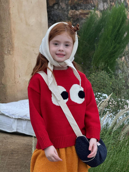 長袖ニットセーター ビッグアイ もこもこ目玉 プルオーバー 丸首 ゆる可愛【mh0011740】