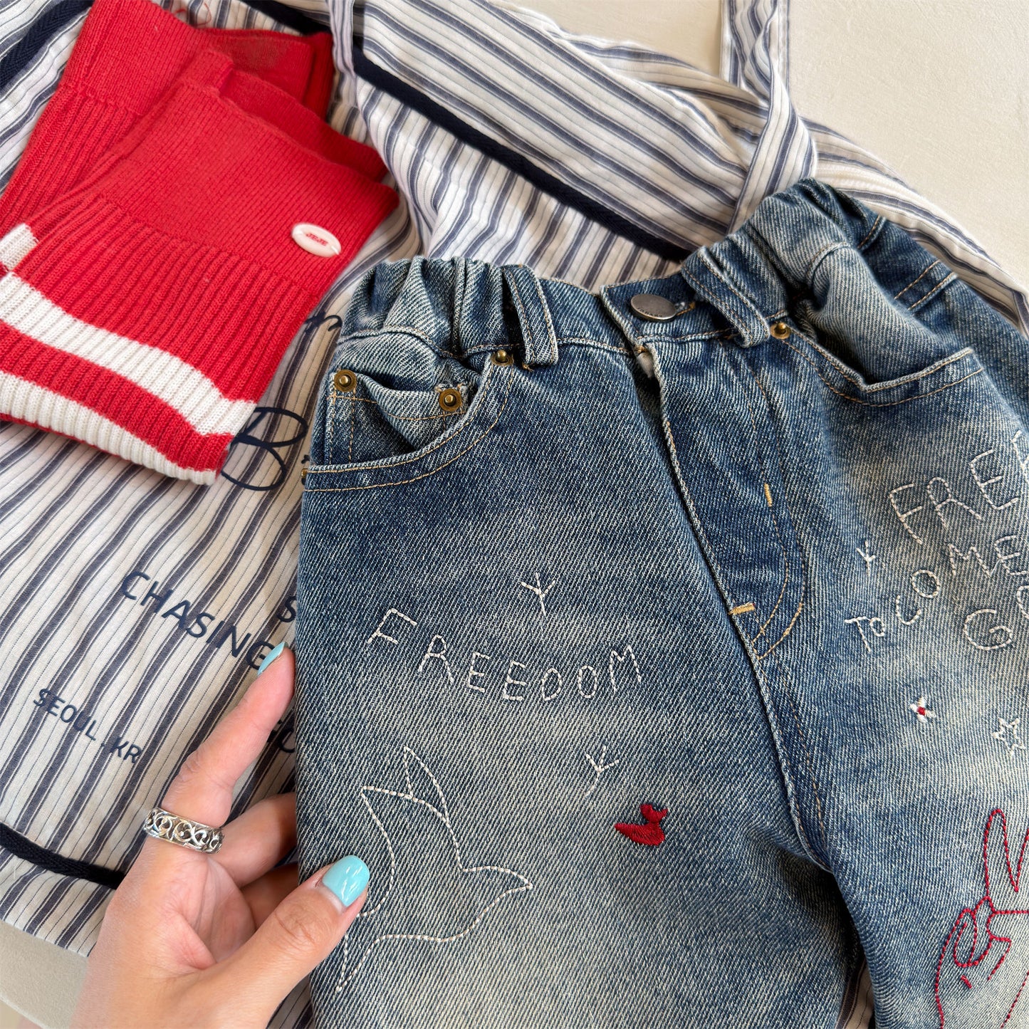 Kids' Hand-Drawn Print Pocket Loose Denim Pants [mh0014063]