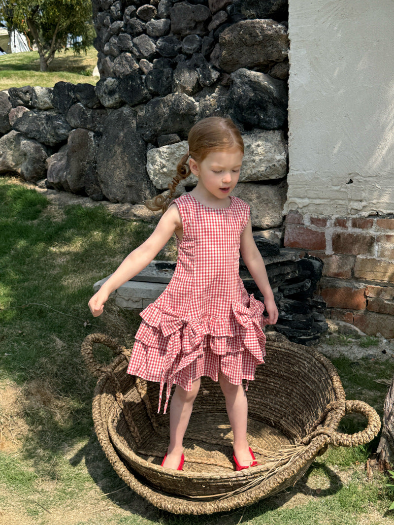 Tiered Ruffle Plaid Sundress ギンガムチェック ノースリーブワンピース【mh0012802】