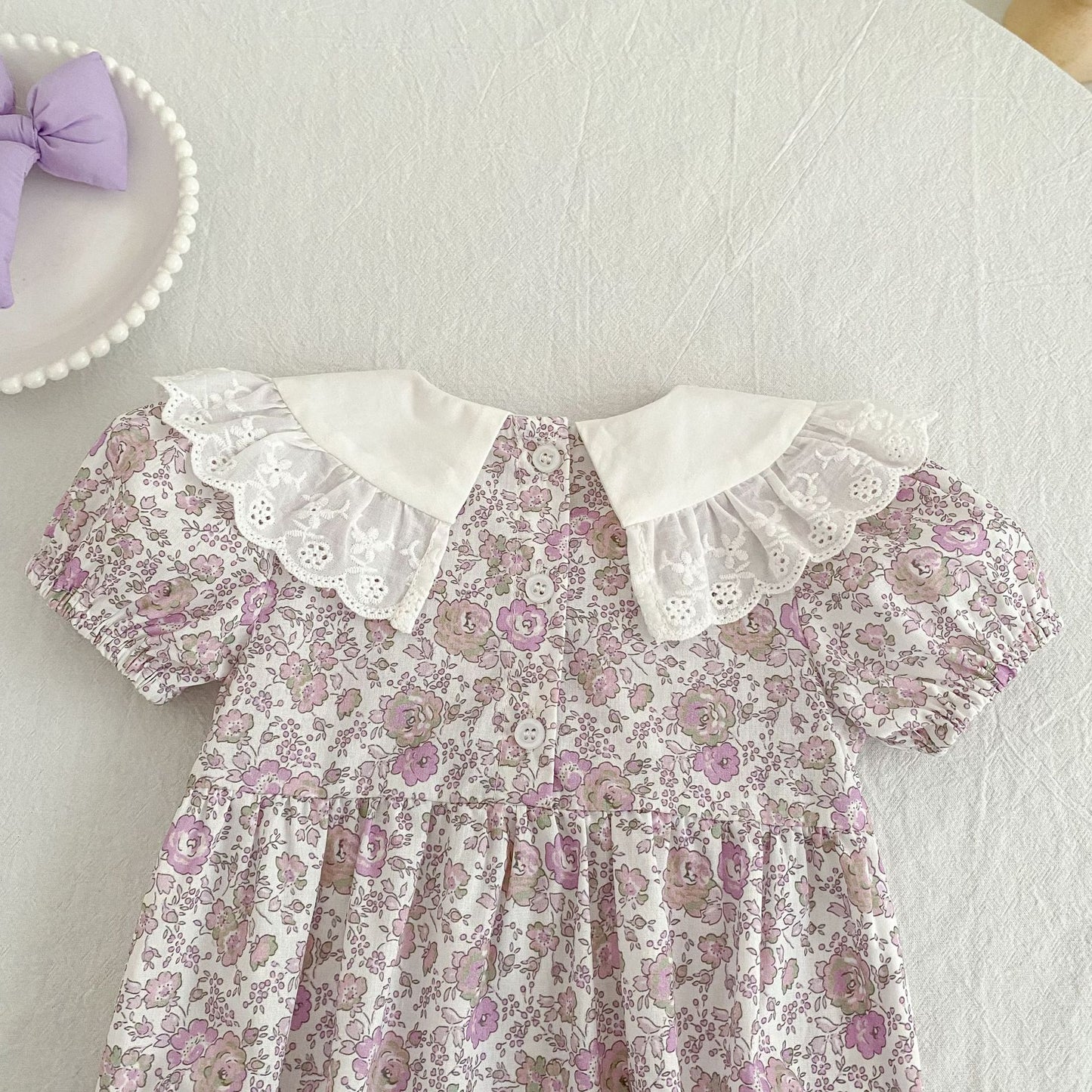 Floral Lace Collar Dress Romper Vestido con cuello de volantes y mangas cortas Mameluco de manga corta【mh0013156】