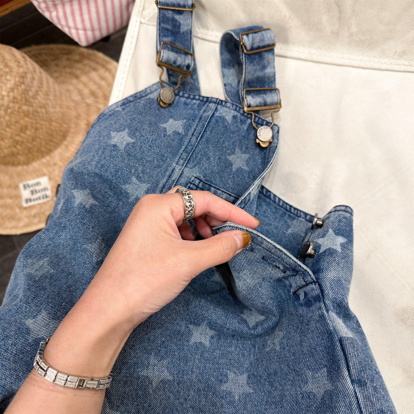 Star Polka Dot Denim Overalls 星 ドット柄 サロペット【mh0012665】