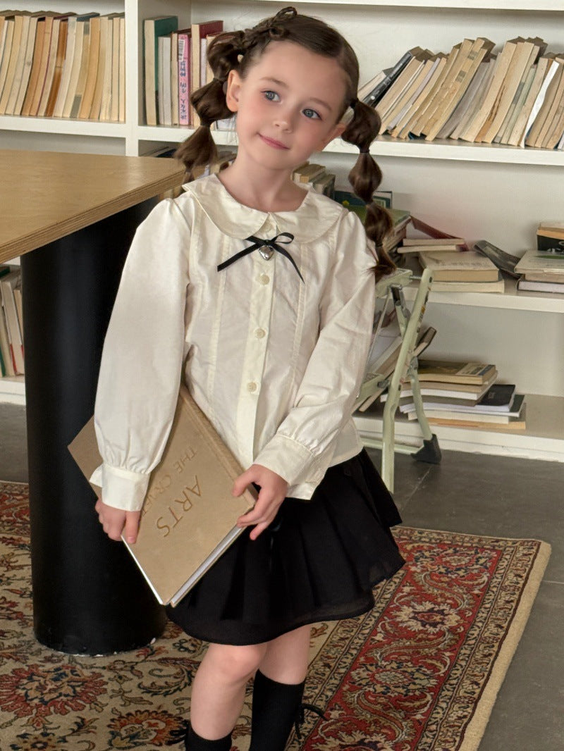 Kids' Peter Pan Collar Long-Sleeve Blouse with Front Ribbon and Pintucks [mh0014070]