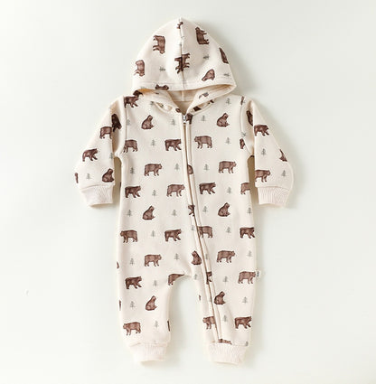 長袖ジャンプスーツ フーディジップアップ クマ柄 裏起毛【mh0011714】