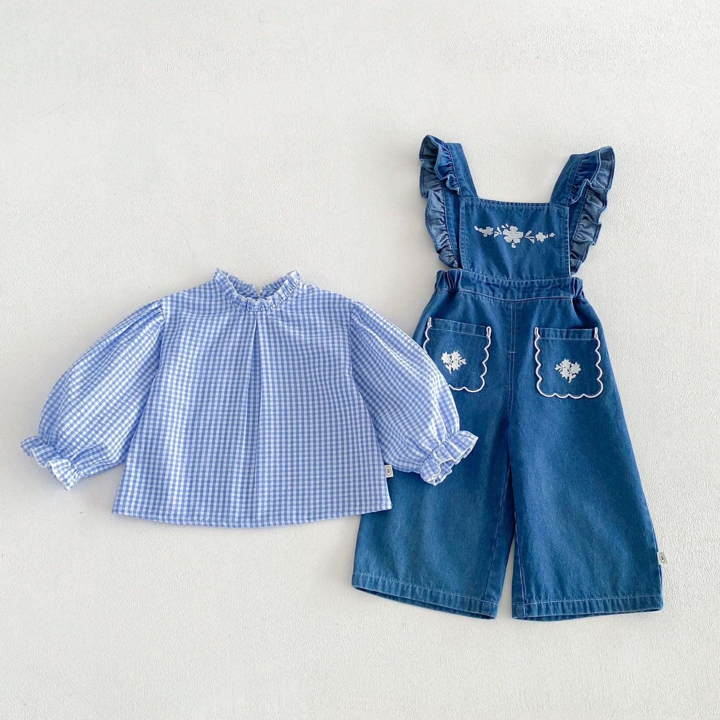 Blusa de manga larga con estampado de cuadros vichy para niños, con bordado floral y peto con pantalón [mh0014043]