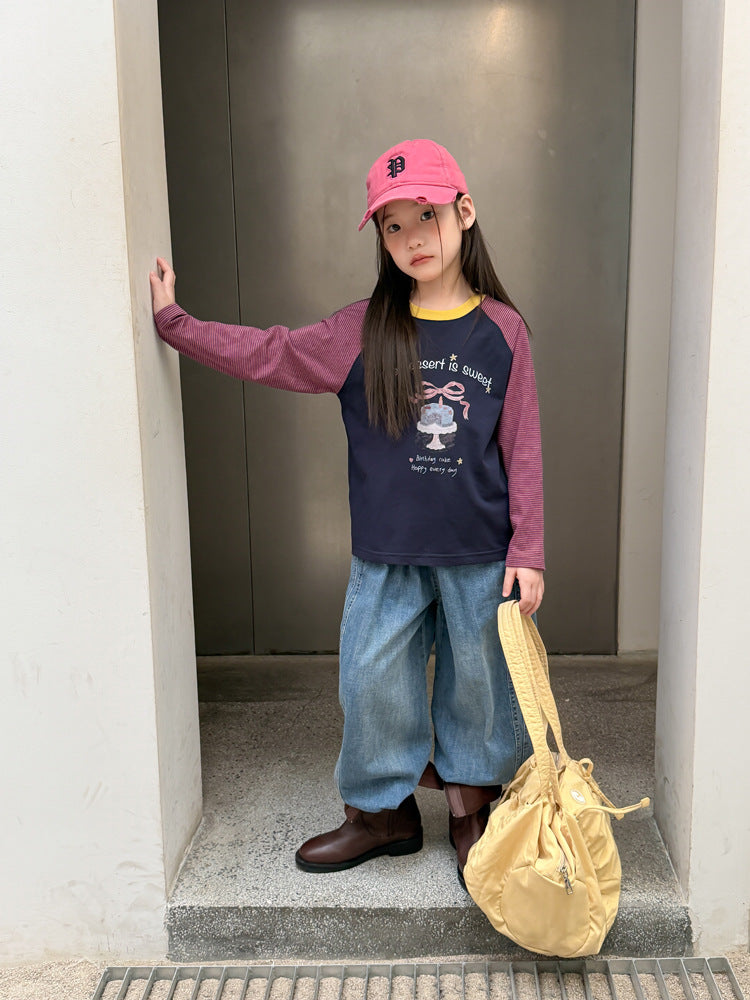 キッズ ジュニア 配色 バイカラー ラグラン プリント 長袖Tシャツ【mh0014416】
