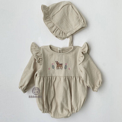Fawn Embroidered Ruffle Bodysuit 小鹿 刺繍 フリル 長袖ロンパース【mh0012696】