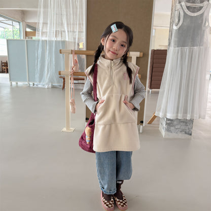 Kids' Embroidered Number Stand-Collar Half-Zip Fleece Long Vest【mh0014559】