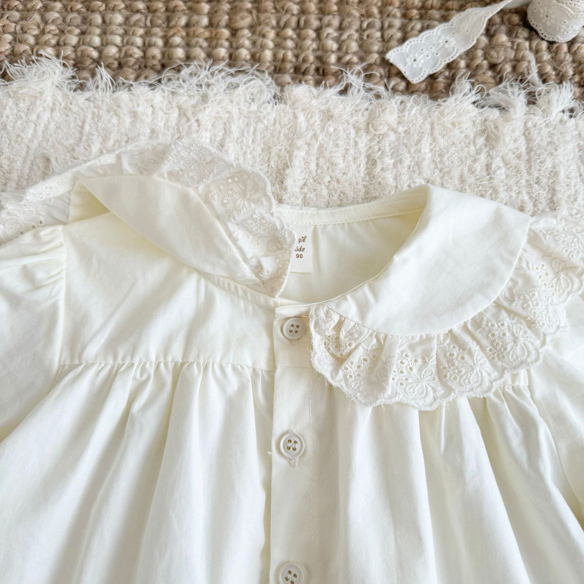 キッズ 刺繍 レース フリル 丸襟 長袖ブラウス【mh0014611】