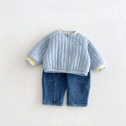 キッズ アップリケ 刺繍 キルティング 中綿ジャケット / デニムパンツ【mh0014763】