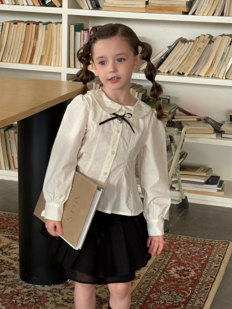 Kids' Peter Pan Collar Long-Sleeve Blouse with Front Ribbon and Pintucks [mh0014070]