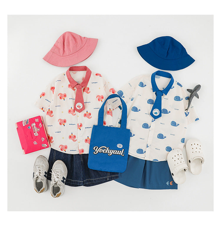 Elephant Whale Shirt ネクタイ付 アニマル 半袖シャツ【mh0012735】