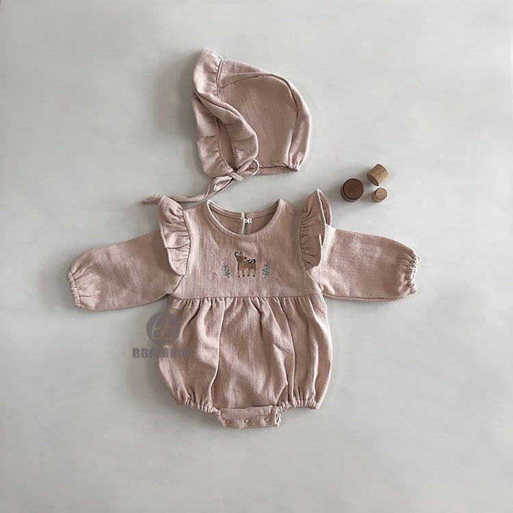 Fawn Embroidered Ruffle Bodysuit 小鹿 刺繍 フリル 長袖ロンパース【mh0012696】
