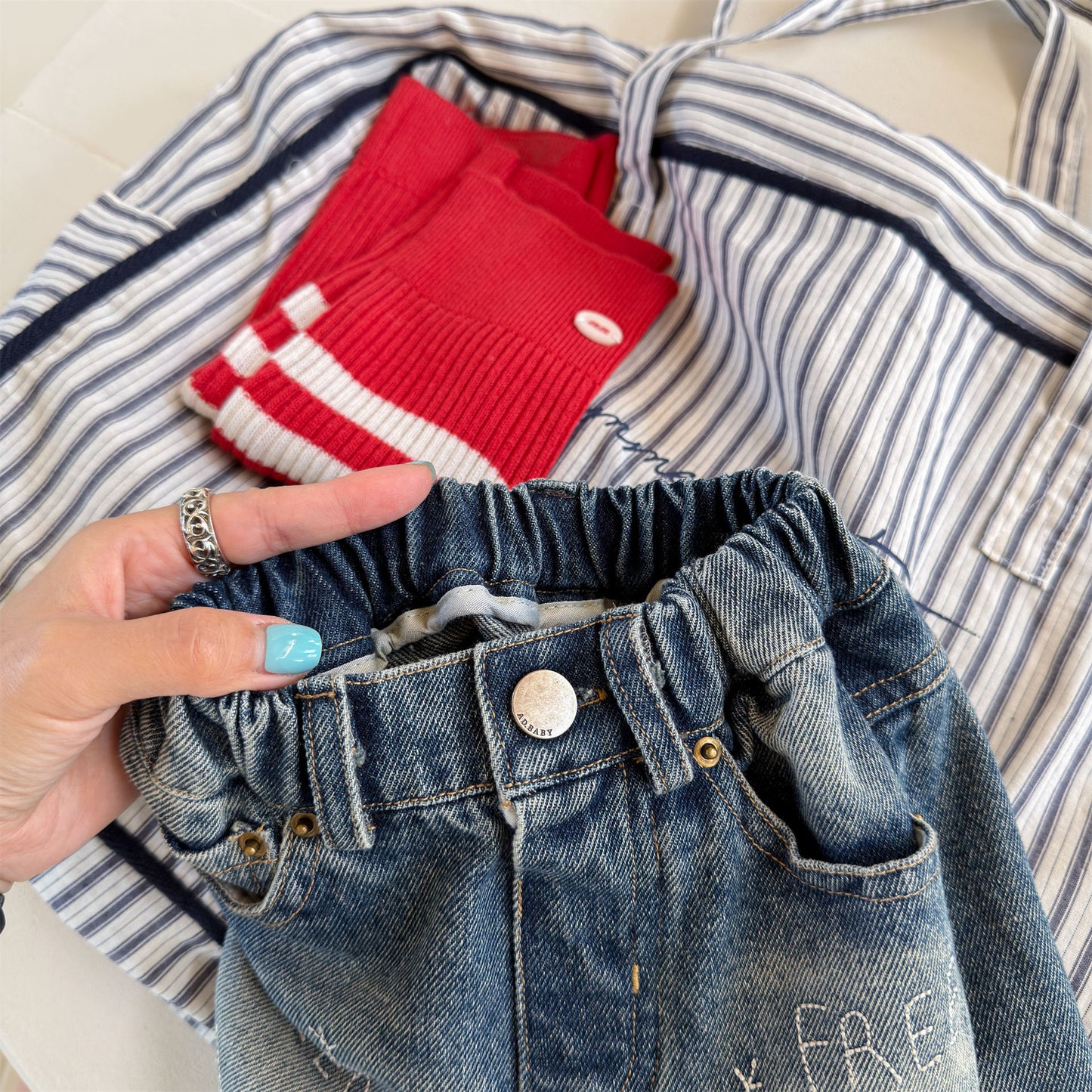 Kids' Hand-Drawn Print Pocket Loose Denim Pants [mh0014063]