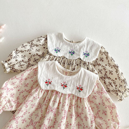 キッズ長袖ワンピース2着、刺繍フラワーのビッグカラー花柄（ピンク/コーヒー）