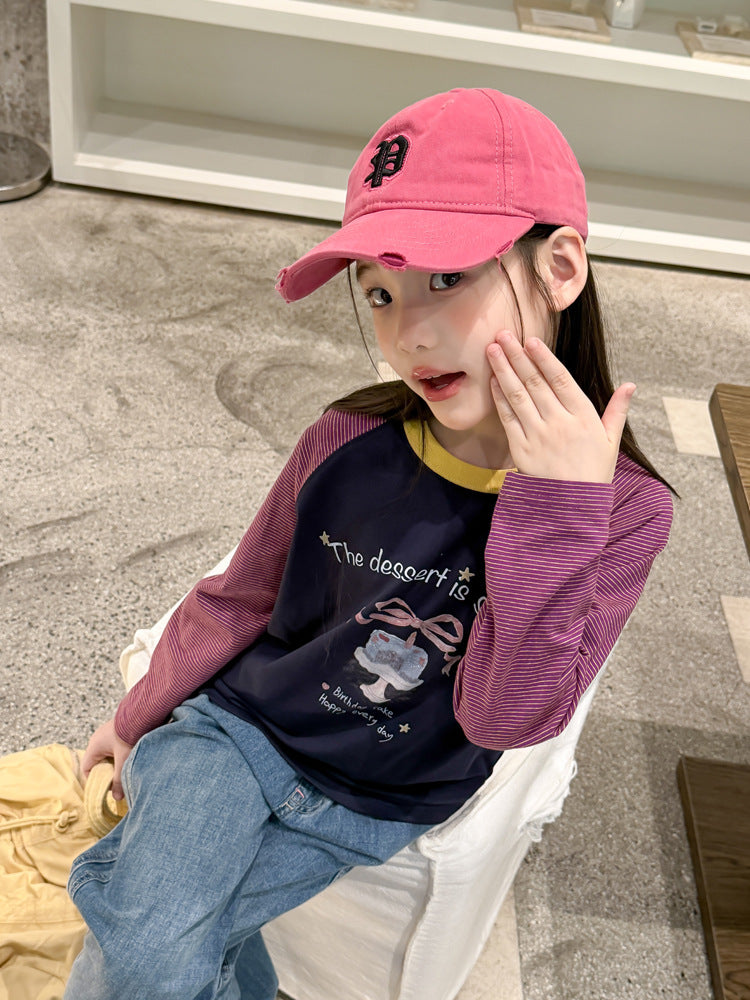 キッズ ジュニア 配色 バイカラー ラグラン プリント 長袖Tシャツ【mh0014416】