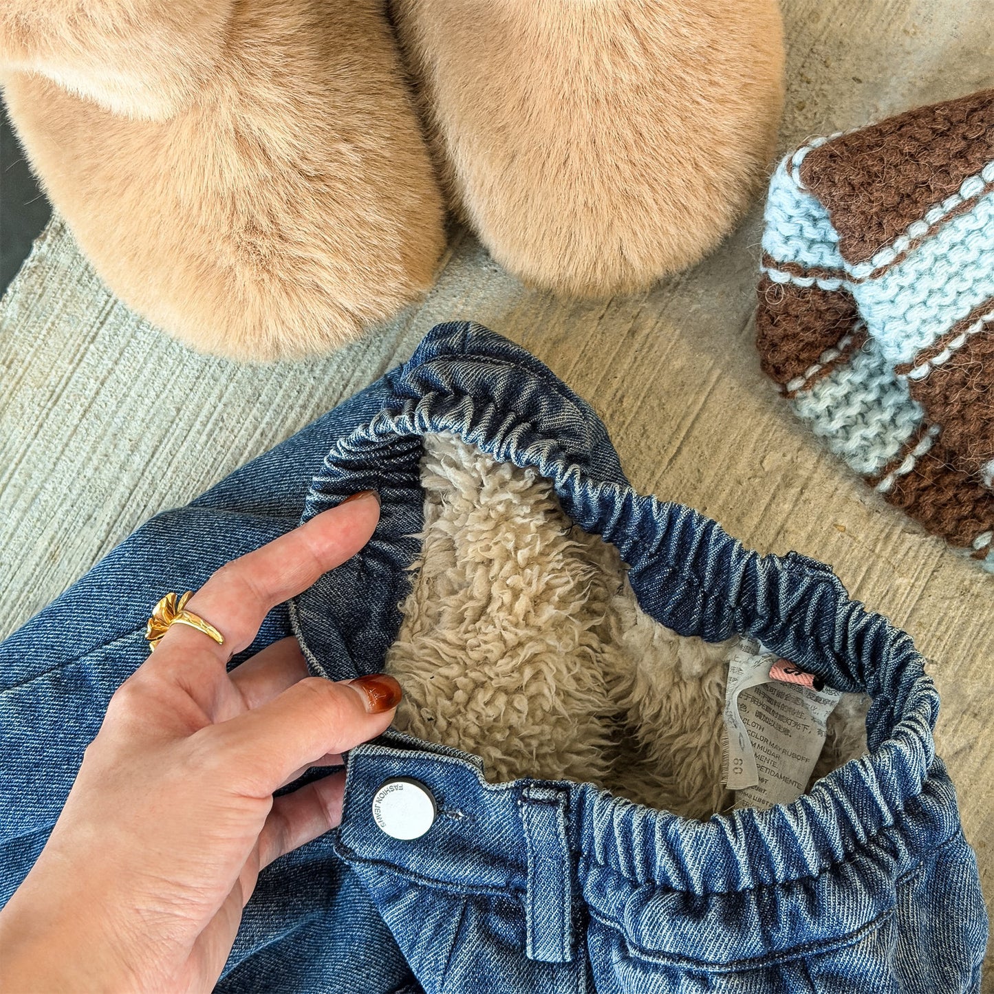 デニムパンツ 裏ボア 裾ボア ドッキング ゆったり ボトムス【mh0011610】