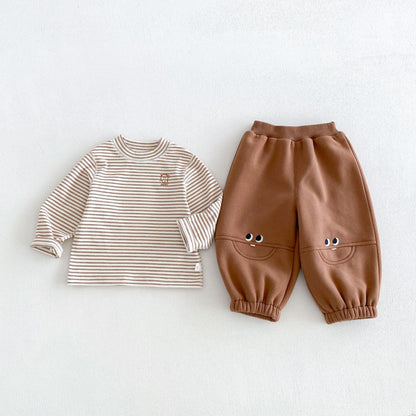 キッズ ボーダー ワンポイント刺繍 長袖Tシャツ / イージー ロングパンツ【mh0014771】